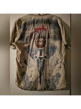 Nostic Angel Wings Embroidered Button Down Beige Red Shirt Seeing Eye